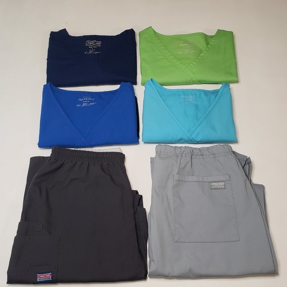 Cherokee Navy Lime Royal Aqua Scrub Top Bundle + 2 Dark Light Scrub Pants Medium - Picture 1 of 12